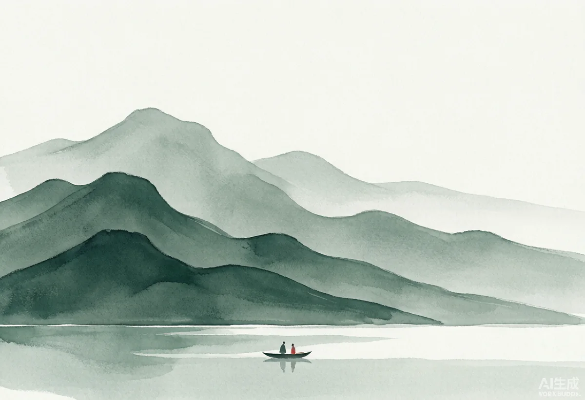 青绿山水间，两人泛舟同行